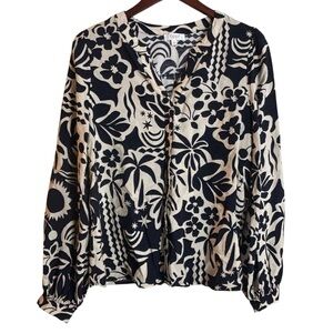 ODDY Navy & Cream Whimsical Print Long Sleeve V Neck Blouse Size Large
